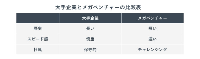 大手企業とベンチャー企業を比較した表