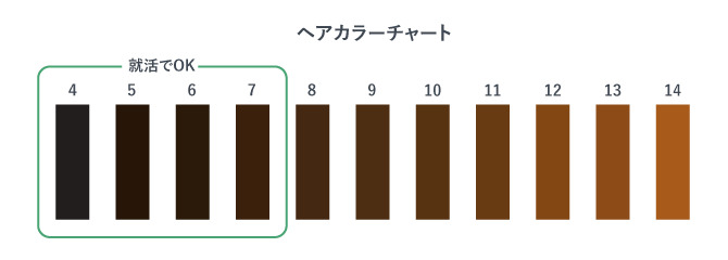 ヘアカラーチャートをもとに考えると、就活では7トーン以下であれば問題ないと言われている。